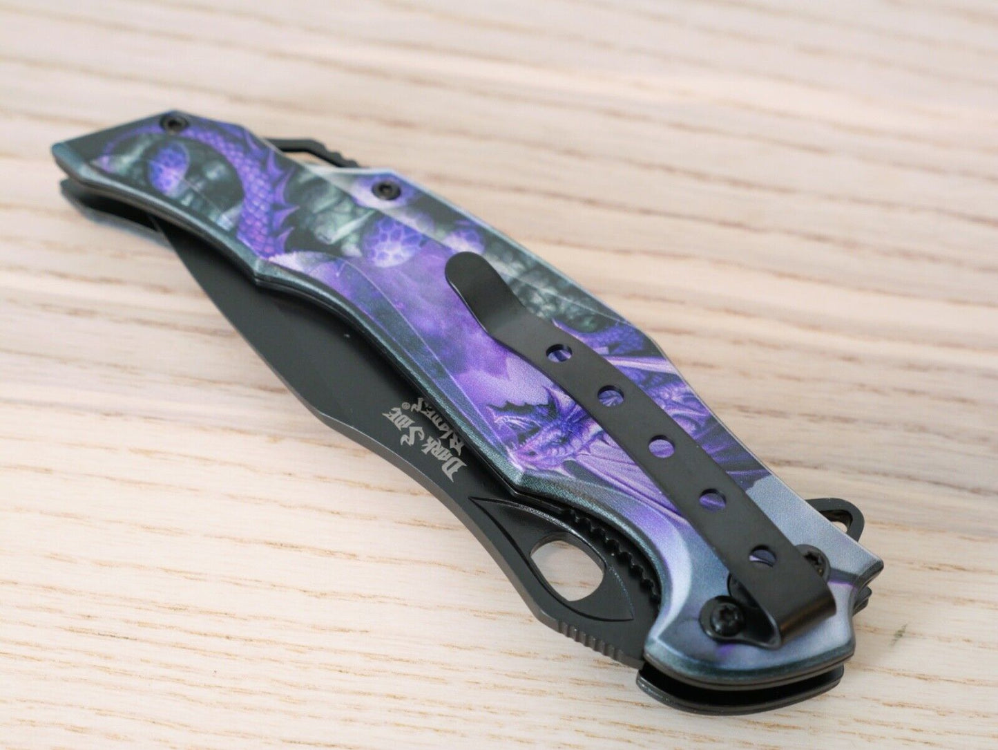 Purple Dragon Spring Assist Pocket Knife Full Metal Black Belt Clip Art Large