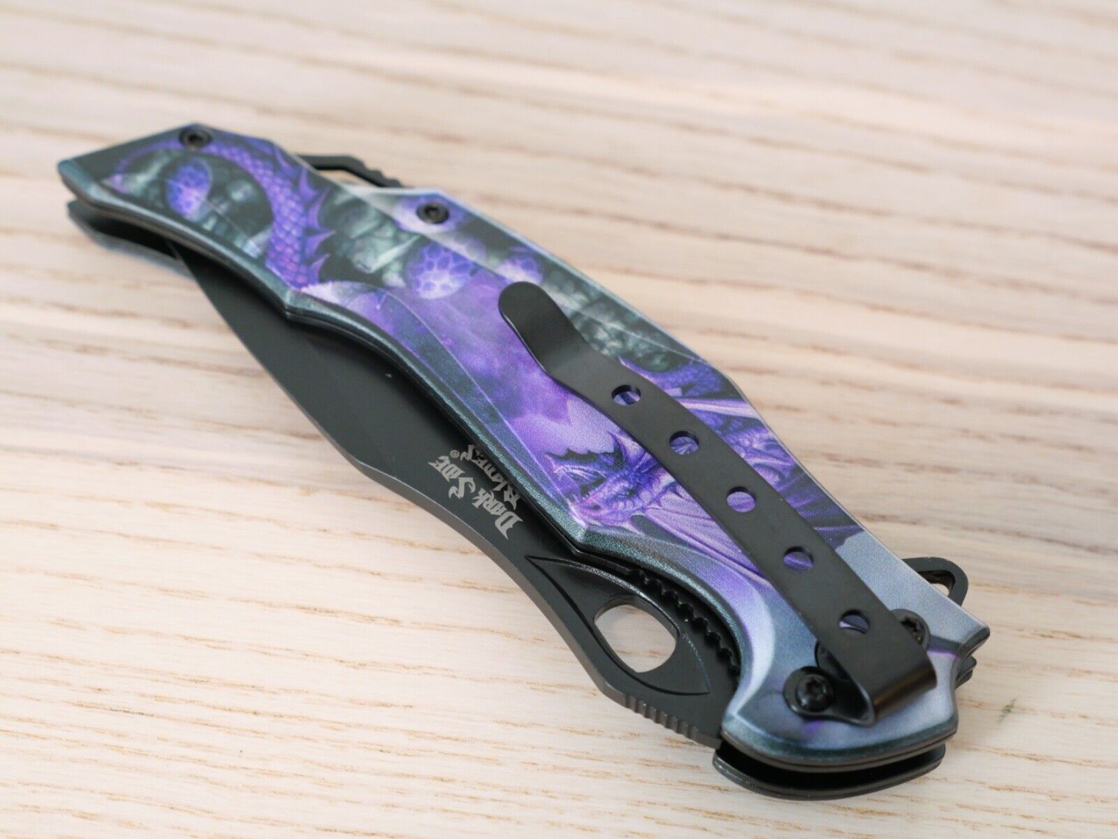 Purple Dragon Spring Assist Pocket Knife Full Metal Black Belt Clip Art Large