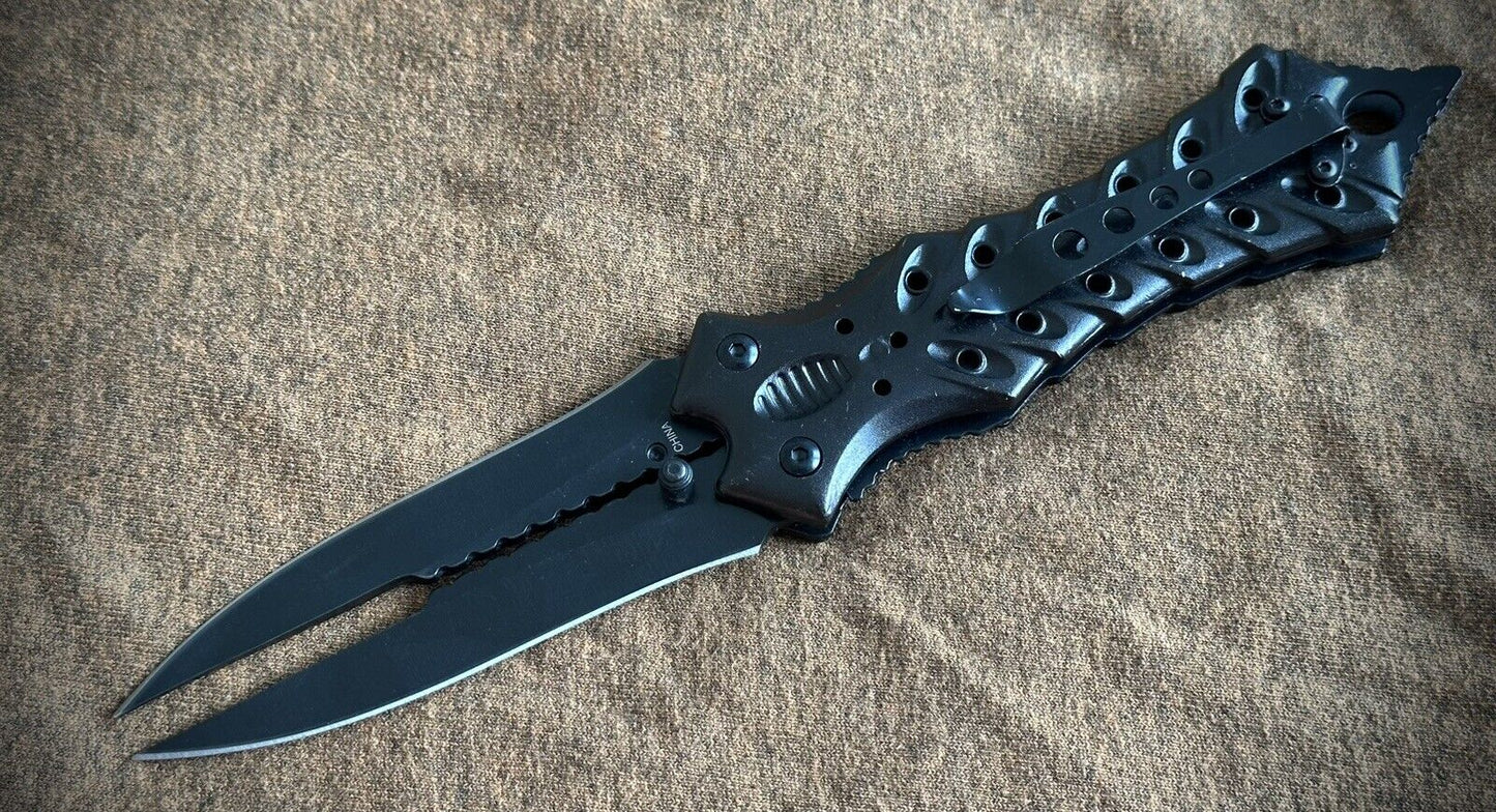 Double Blade Manual Folding Knife Black Stinger Point Full Size Pocket Clip EDC 