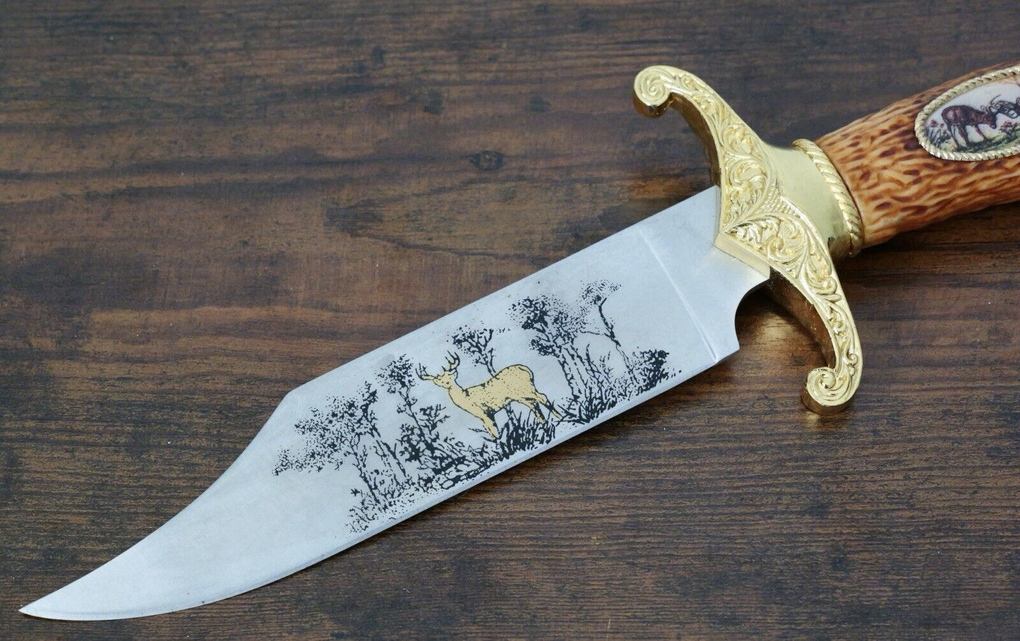 12” Deer Survival Knife American Buck Design Ornate Gold Laser Etch Blade Sheath