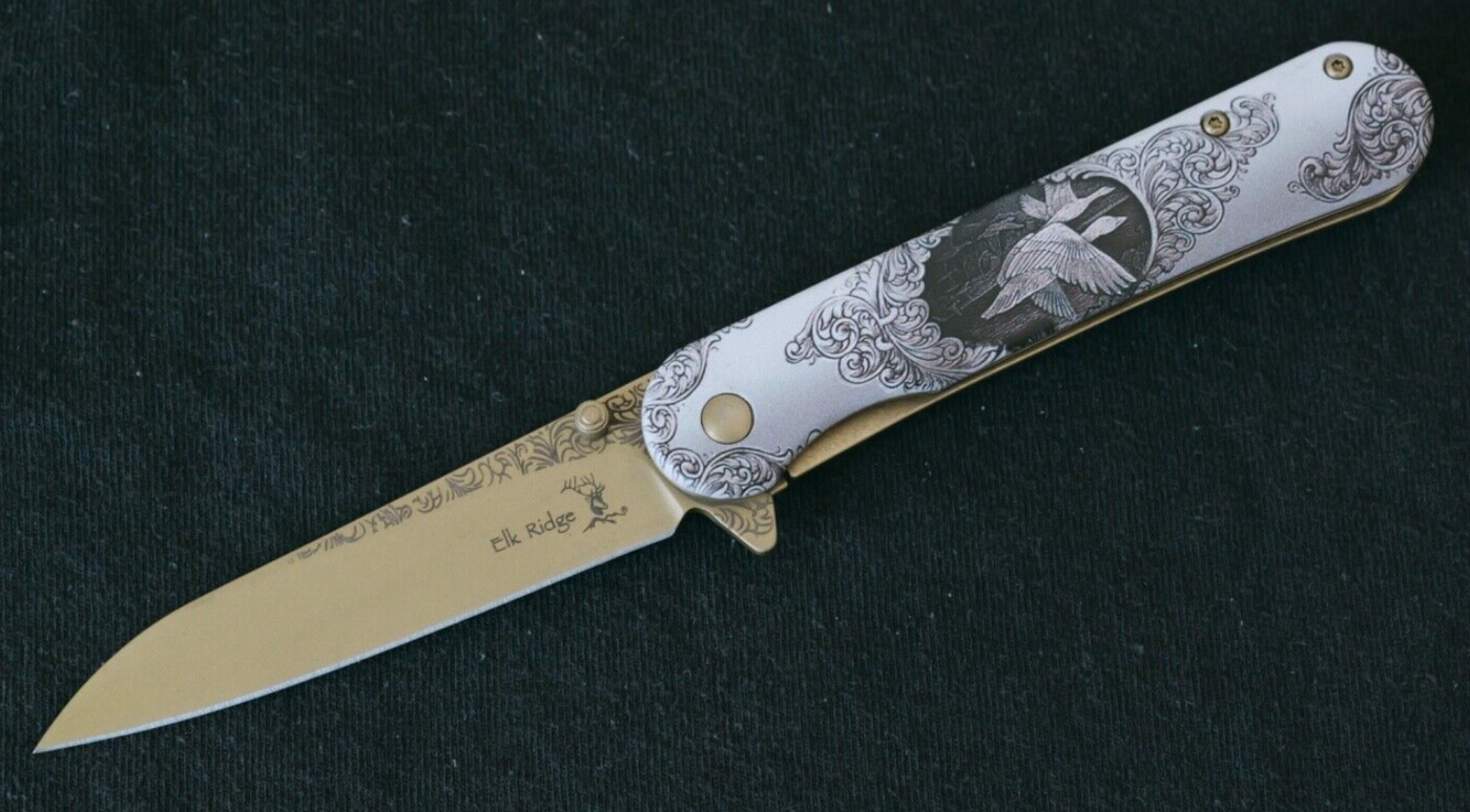 Gold Duck Spring Assist Pocket Knife Victorian Era Style Ornate Full Metal 8”