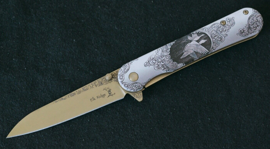 Gold Duck Spring Assist Pocket Knife Victorian Era Style Ornate Full Metal 8”