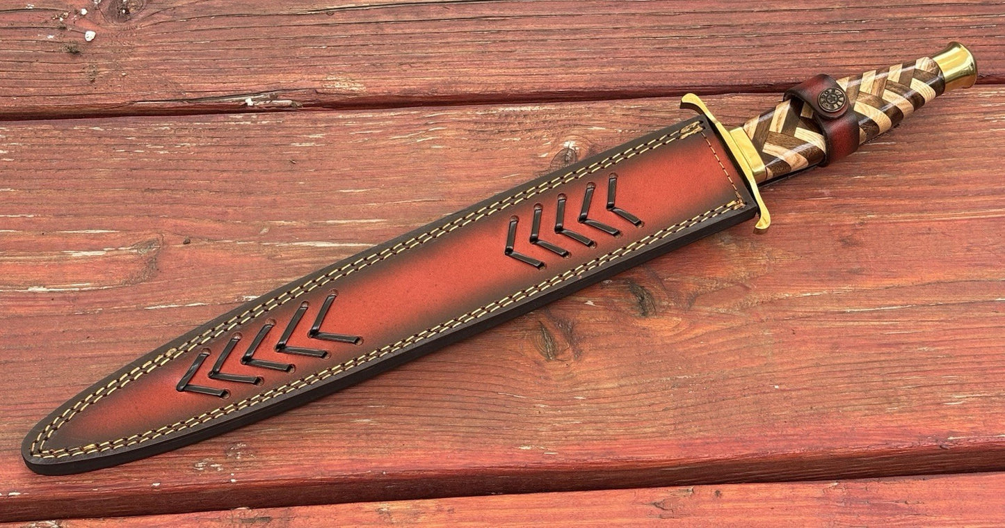 21” Double Edge Short Sword Carbon Steel Brass Hilt Pommel Braided Wood Handle