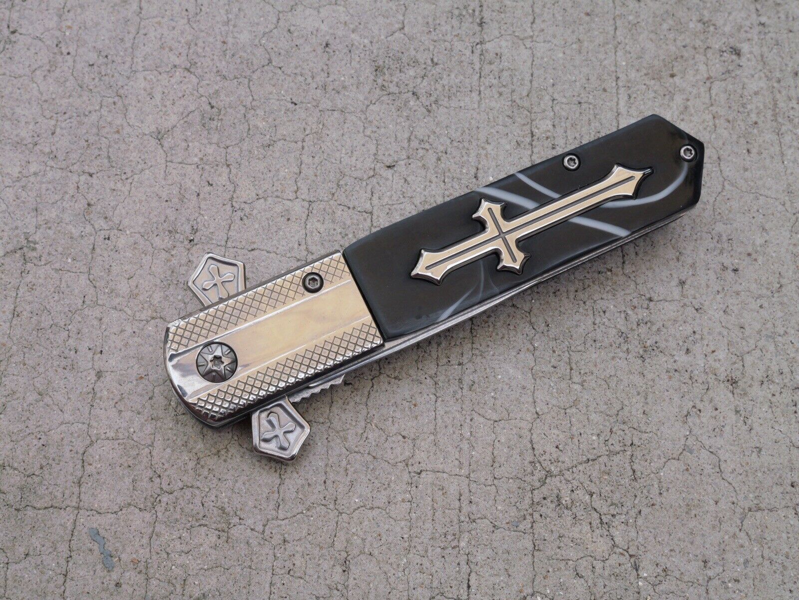 Cross Pocket Knife Full Size Spring Assisted Black Pearl Handle Spear Point Clip