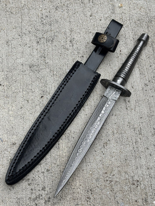 13” FS Commando Dagger Damascus Full Tang Double Edge Spear Point Leather Sheath