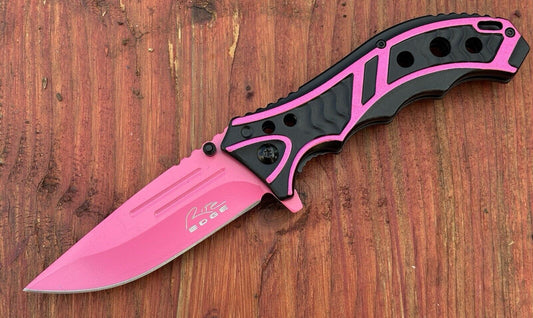 Hot Pink Pocket Knife Spring Assisted Black Ladies Self Defense Girly Full Size