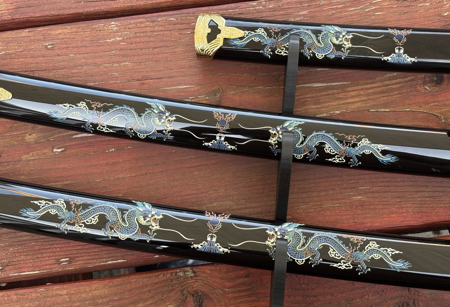 Samurai Sword Set Black Dragon Display Stand Wood Scabbard Katana 3 Piece Set