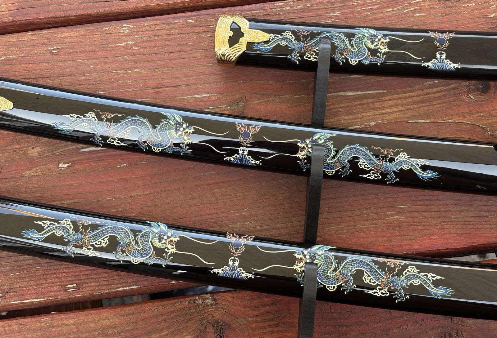Samurai Sword Set Black Dragon Display Stand Wood Scabbard Katana 3 Piece Set
