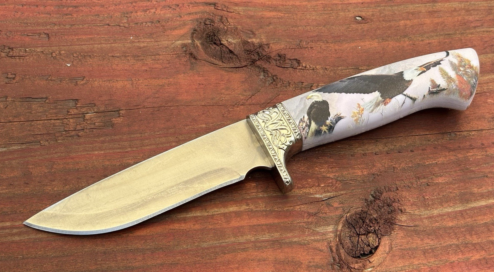 10” Eagle Print Fixed Blade Knife USA Nylon Sheath Belt Loop