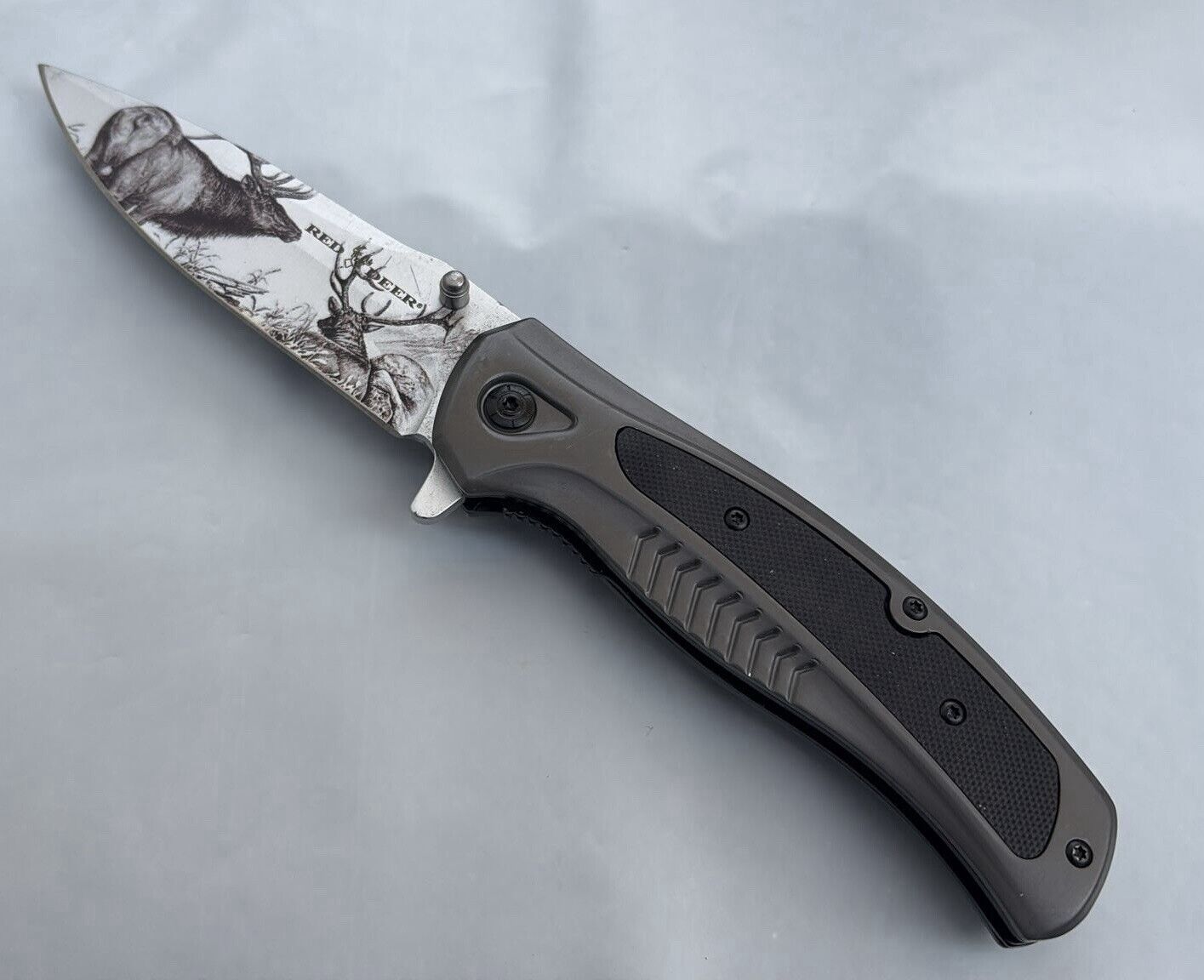 Deer Pocket Knife Full Size Spring Assist Metal Handle Etched Blade Modern New