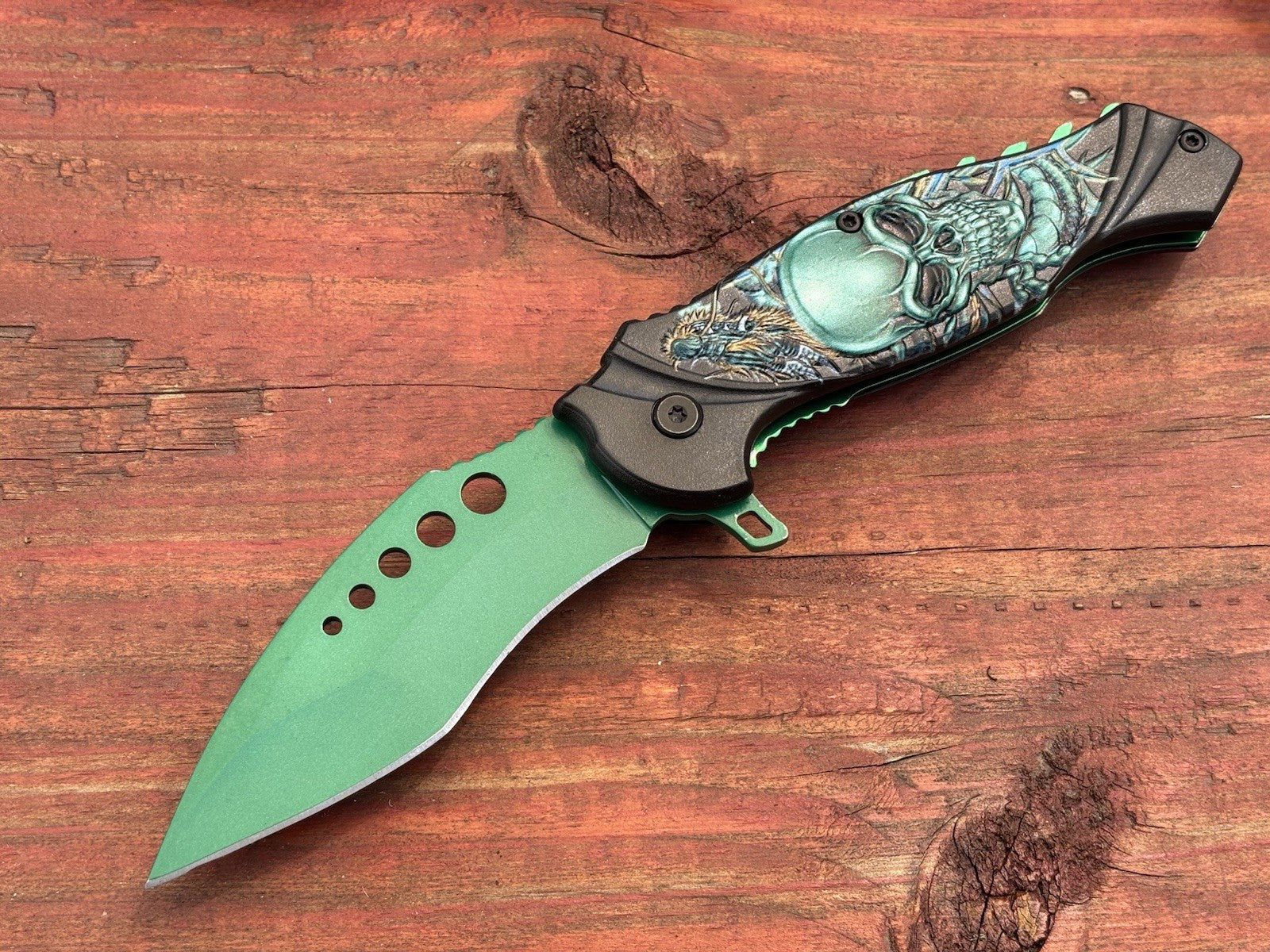 Skull Pocket Knife Green Spring Assist Full Size Unique Design Fantasy belt clip