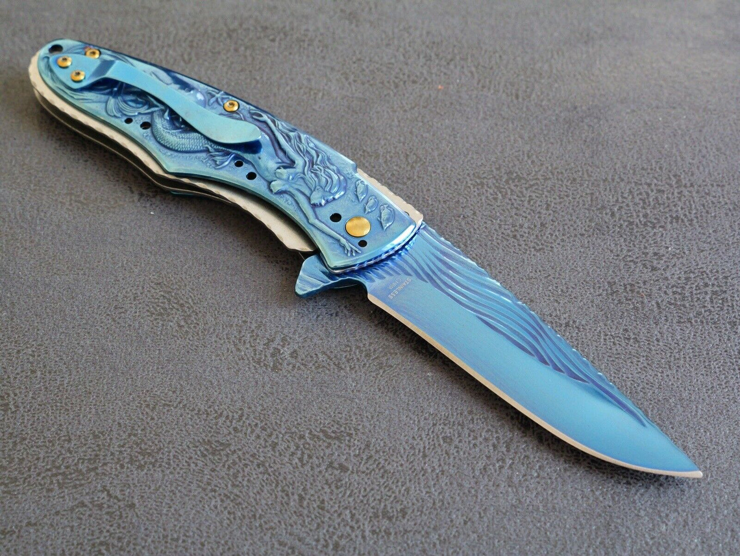 Mermaid Dolphin Seashell Pocket Knife Ocean Blue Gold Full Size All Metal Assist