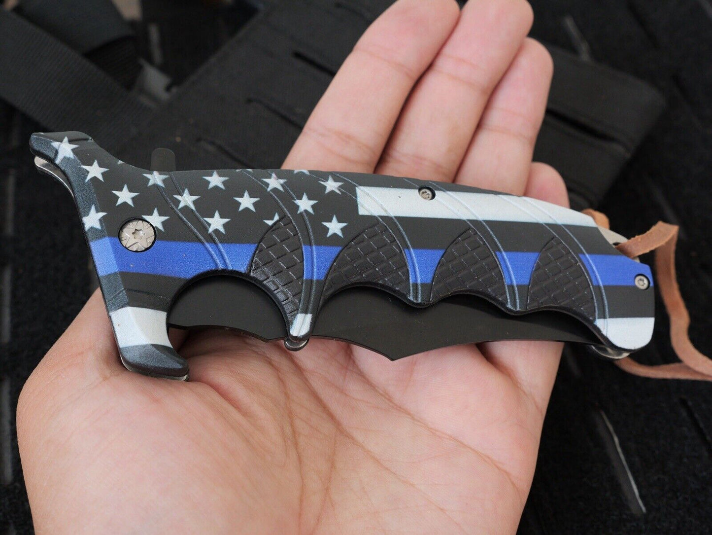 6” Pocket Knife XL Mega Thin Blue Line Police Spring Assisted Belt Clip Flag