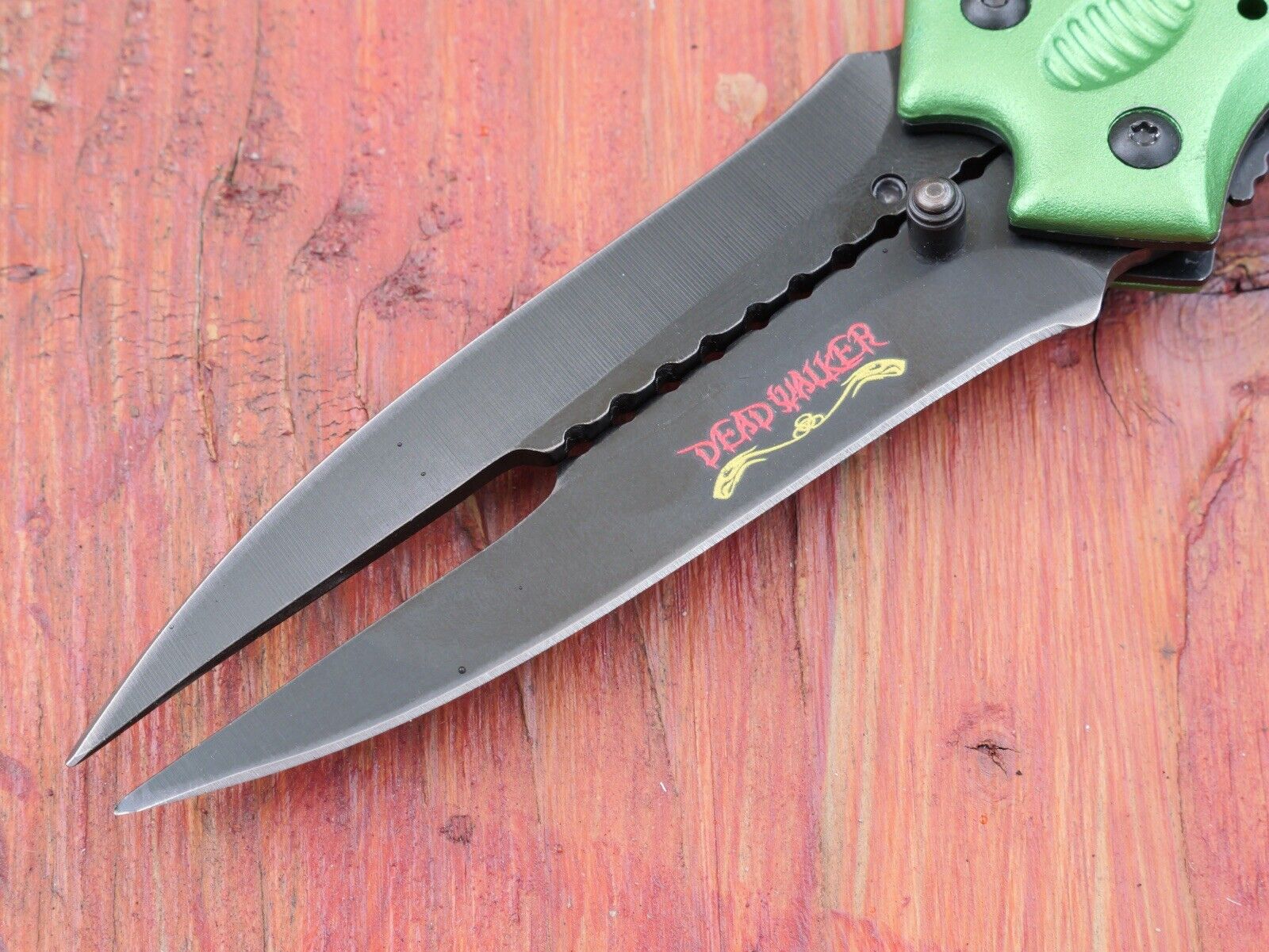 Double Blade Manual Folding Knife Green Stinger Point Full Size Pocket Clip EDC