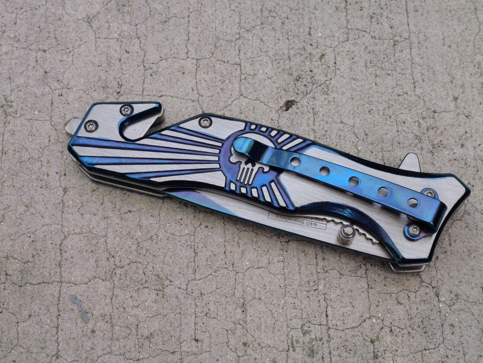 Skull Punisher Pocket Knife All Metal Full Size Window Punch Spring Assist Sharp