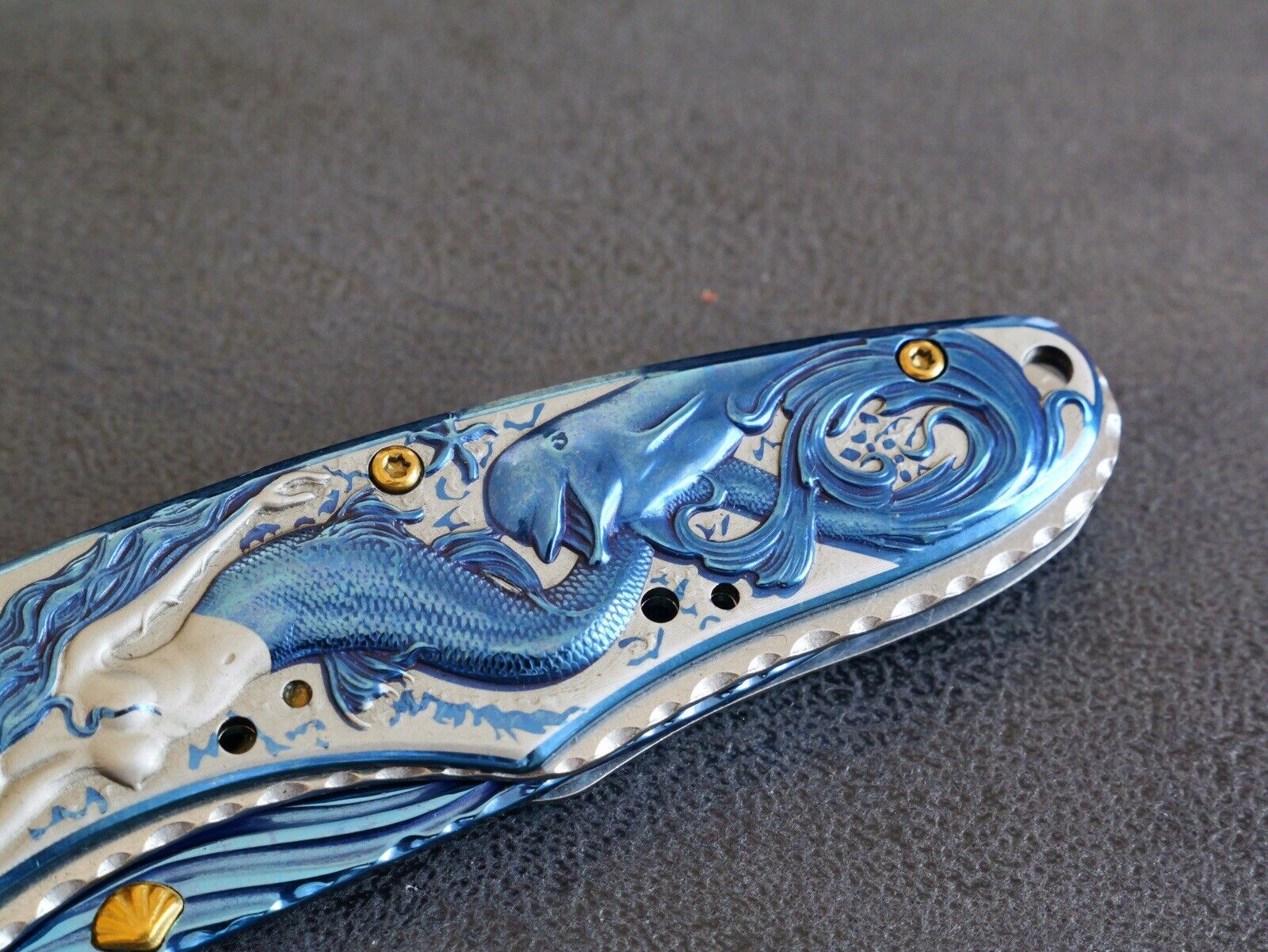 Mermaid Dolphin Seashell Pocket Knife Ocean Blue Gold Full Size All Metal Assist