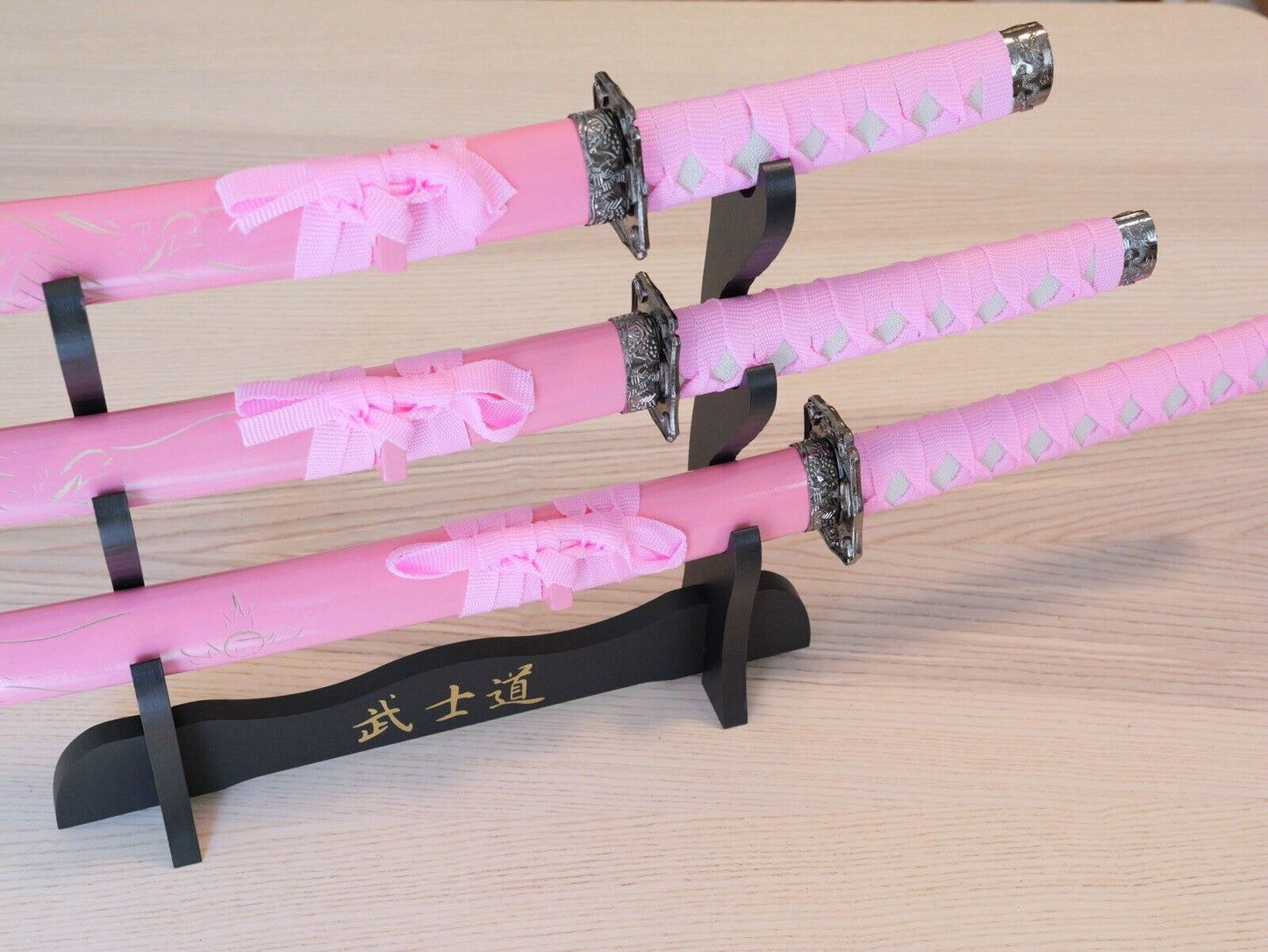 Samurai Sword Set PINK Dragon Display Stand Wood Scabbard Katana 3 Piece Set