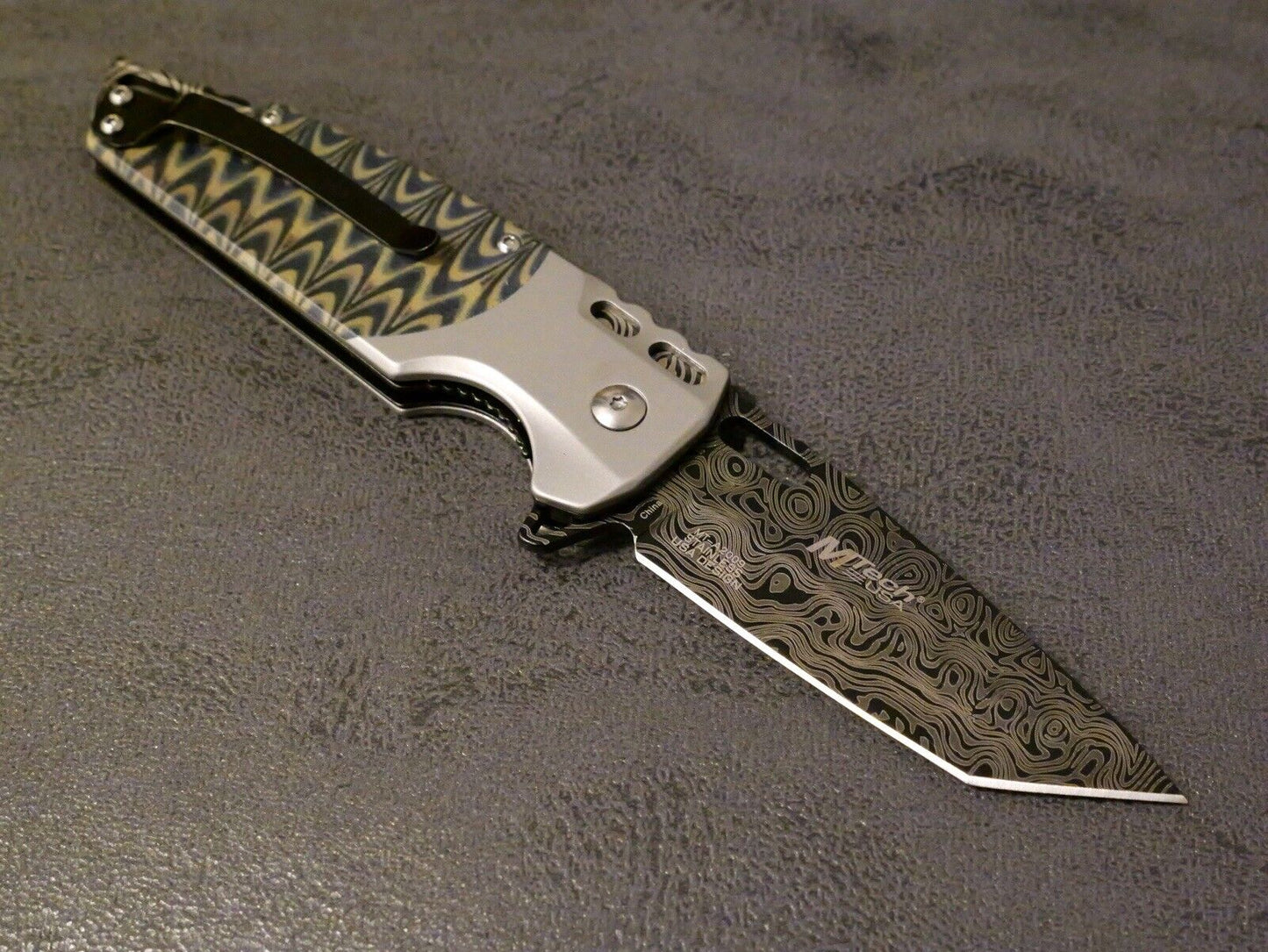Full Size Pocket Knife Modern Design Spring Assist Tanto Psychedelic Belt Clip