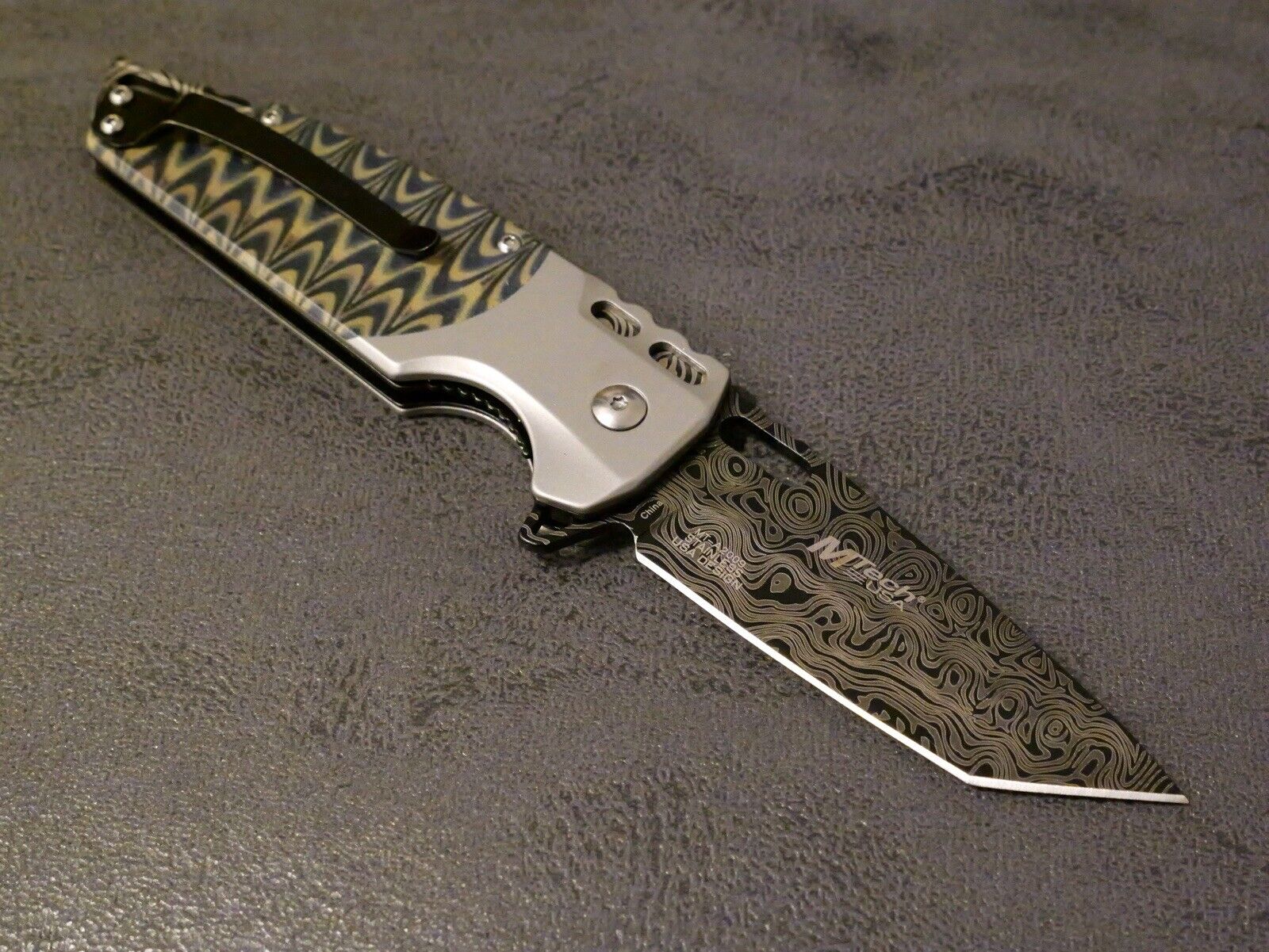 Full Size Pocket Knife Modern Design Spring Assist Tanto Psychedelic Belt Clip