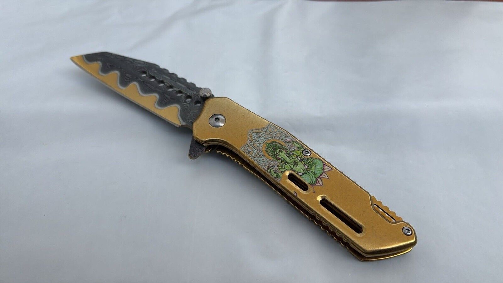 Gold Ganesh Pocket Knife Wild Design All Metal Sharp Wharncliffe Blade Damascus 