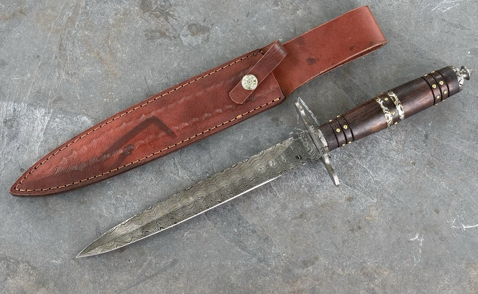 15” Dagger Double Edge Spear Point Sharp Leather Sheath Carbon Steel Hilt Spike