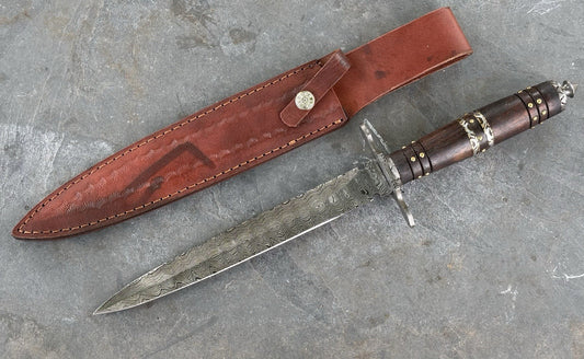 15” Dagger Double Edge Spear Point Sharp Leather Sheath Carbon Steel Hilt Spike