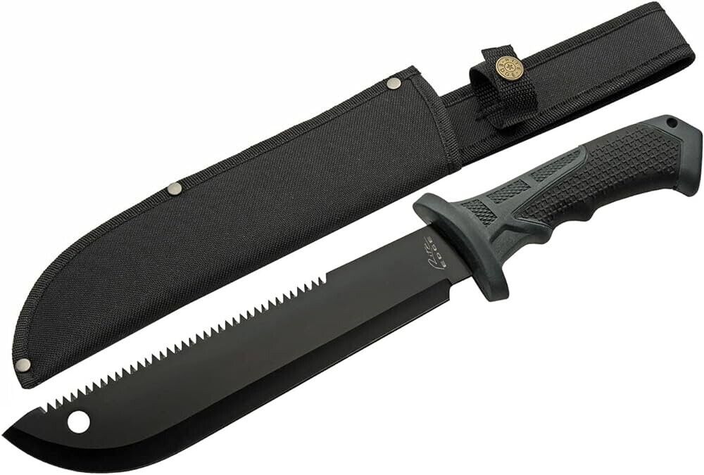 Mini Machete 16” Sawback Rubber Handle Extreme Tactical Black Sheath Full Tang