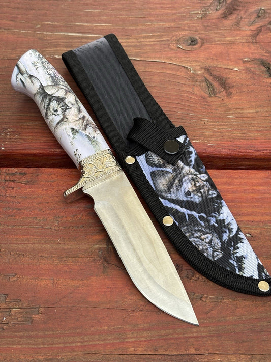 10” Wolf Print Fixed Blade Knife USA Nylon Sheath Belt Loop Survival Knife