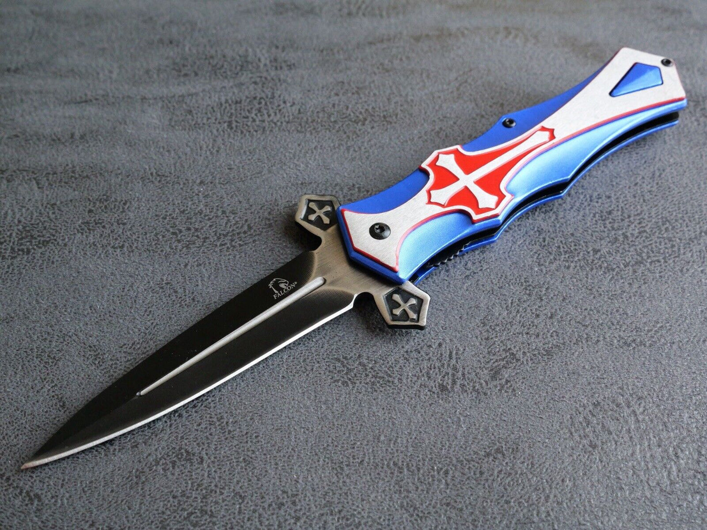 5” Cross Pocket Knife Blue Full Size Spear Point Chrome Heart Sharp Assisted