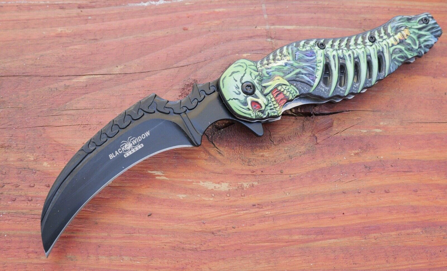 Skeleton Pocket Knife Spring Assisted Grim Reaper Design 8" Green Folding Knife