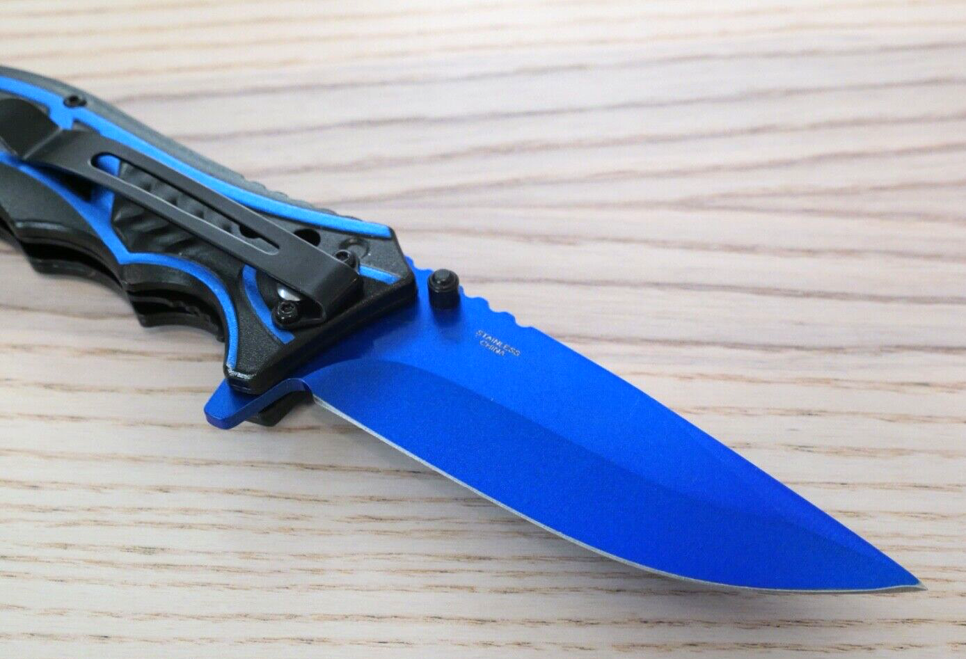 Blue Pocket Knife Spring Assisted Black Self Defense Tactical Full Size QUICK