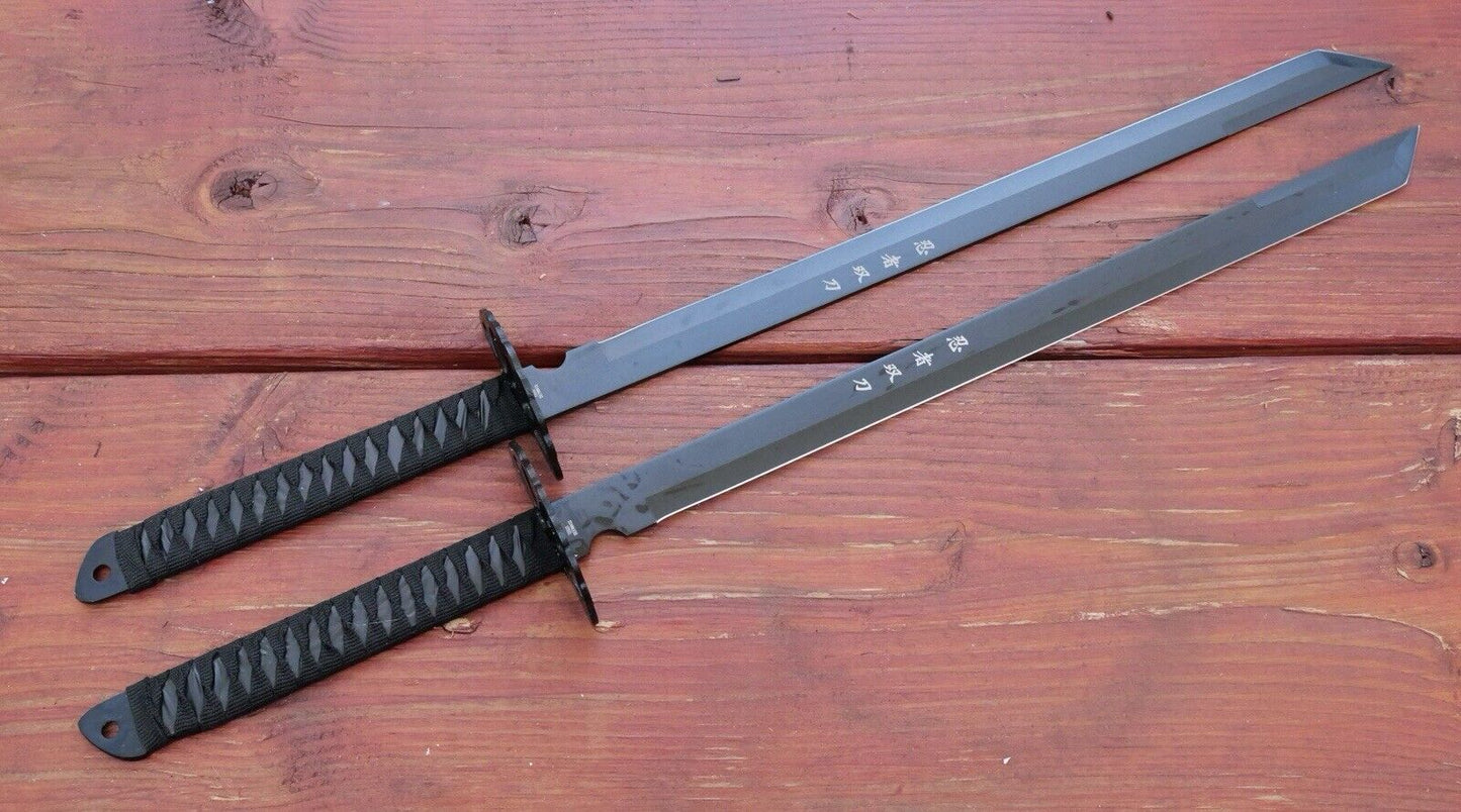 28” Ninja Sword Set Black Tanto Full Tang Hilt Twin Set Sheath Sharp 2 Pcs