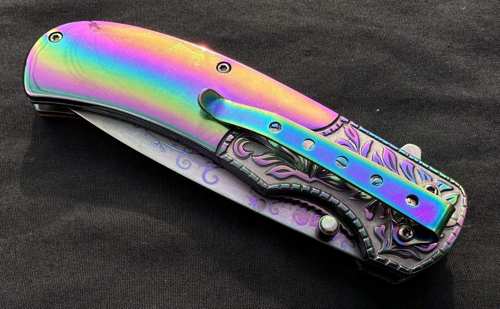 Folding Pocket Knife Rainbow Burlwood Handle Rose Engraved Design Full Size 🌹