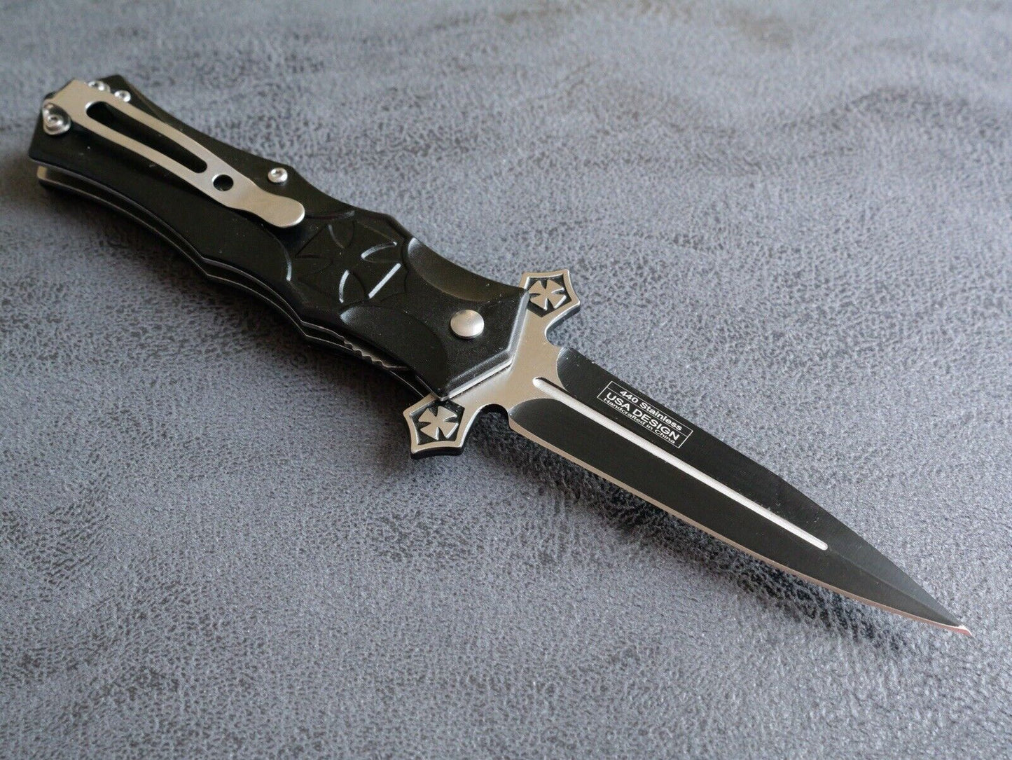 4.5” Cross Pocket Knife Black Full Size Spear Point Chrome Heart Sharp Assisted