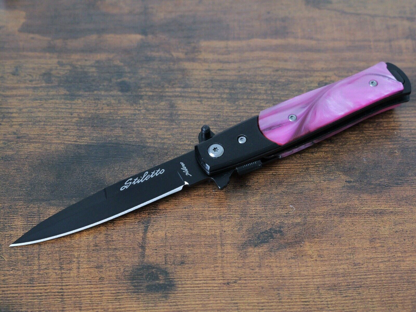 Vintage Italian Style Pocket Knife Small Black Pink Handle 4” Spear Point Clip