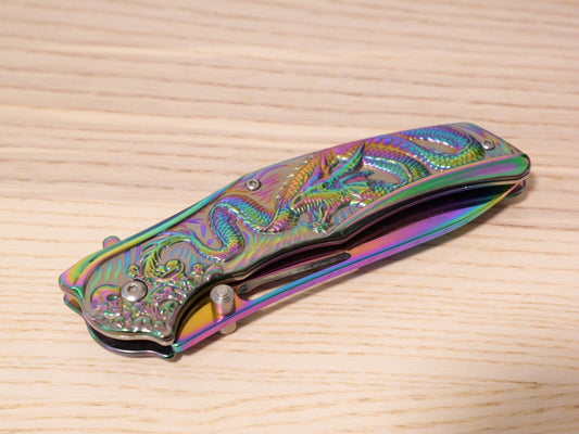 Full Size Rainbow Dragon Spring Assist Pocket Knife All Metal Sharp Clip 9” Edc