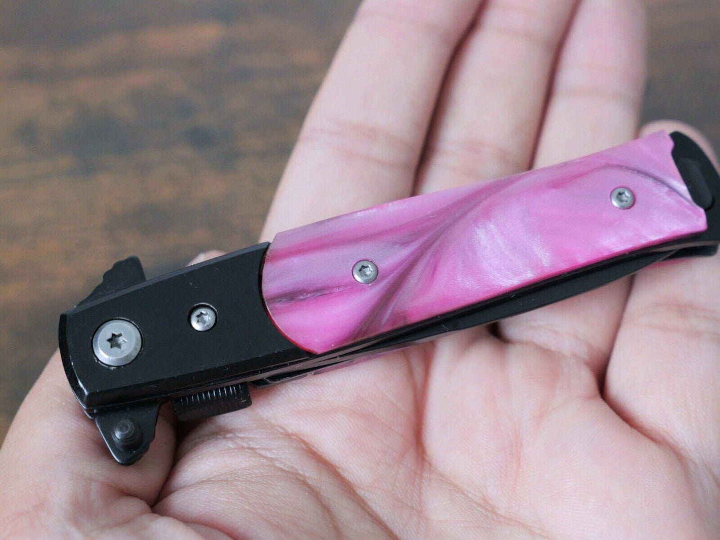 Vintage Italian Style Pocket Knife Small Black Pink Handle 4” Spear Point Clip