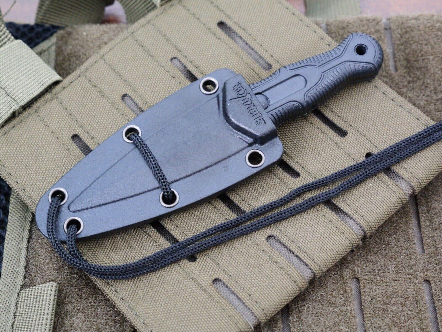 5” Mini Neck Knife Black Full Tang Stealth Sharp Serrated Spear Point Rubber EDC