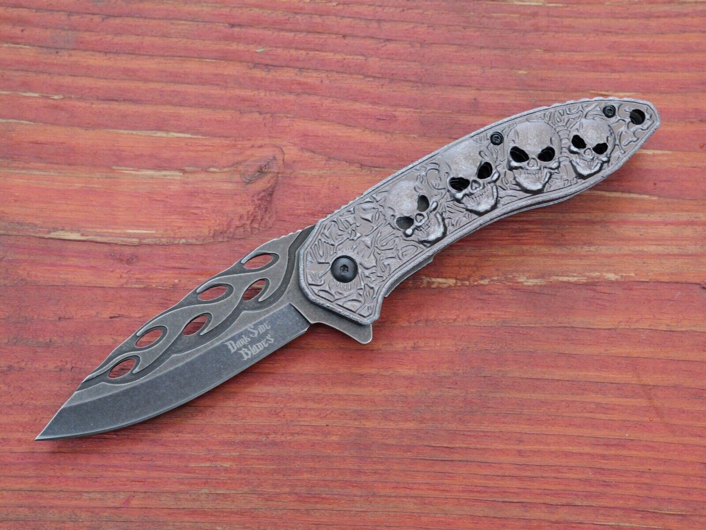 Full Size Pocket Knife Flames Skull Dark Gray Spring Assisted Belt Clip Sharp
