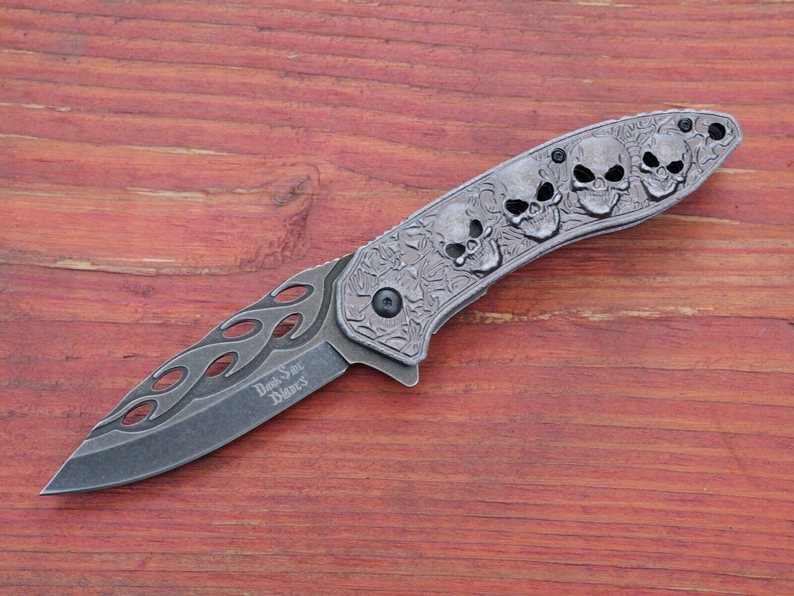 Full Size Pocket Knife Flames Skull Dark Gray Spring Assisted Belt Clip Sharp