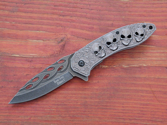 Full Size Pocket Knife Flames Skull Dark Gray Spring Assisted Belt Clip Sharp