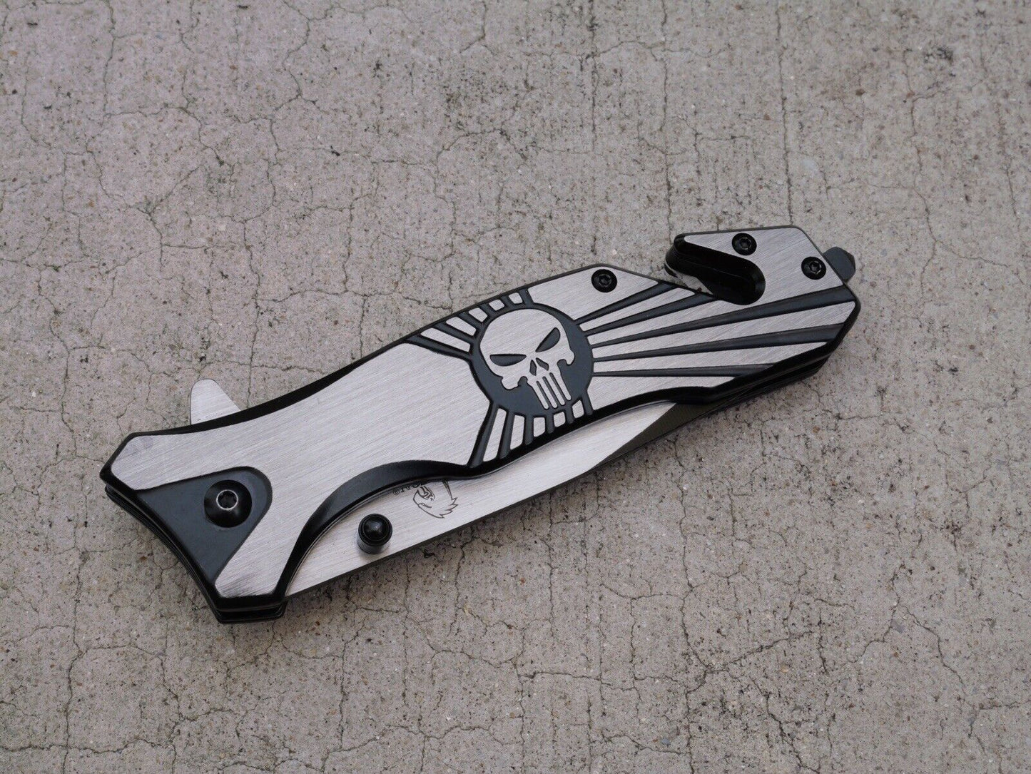 Skull Punisher Pocket Knife All Metal Full Size Window Punch Spring Assist Black