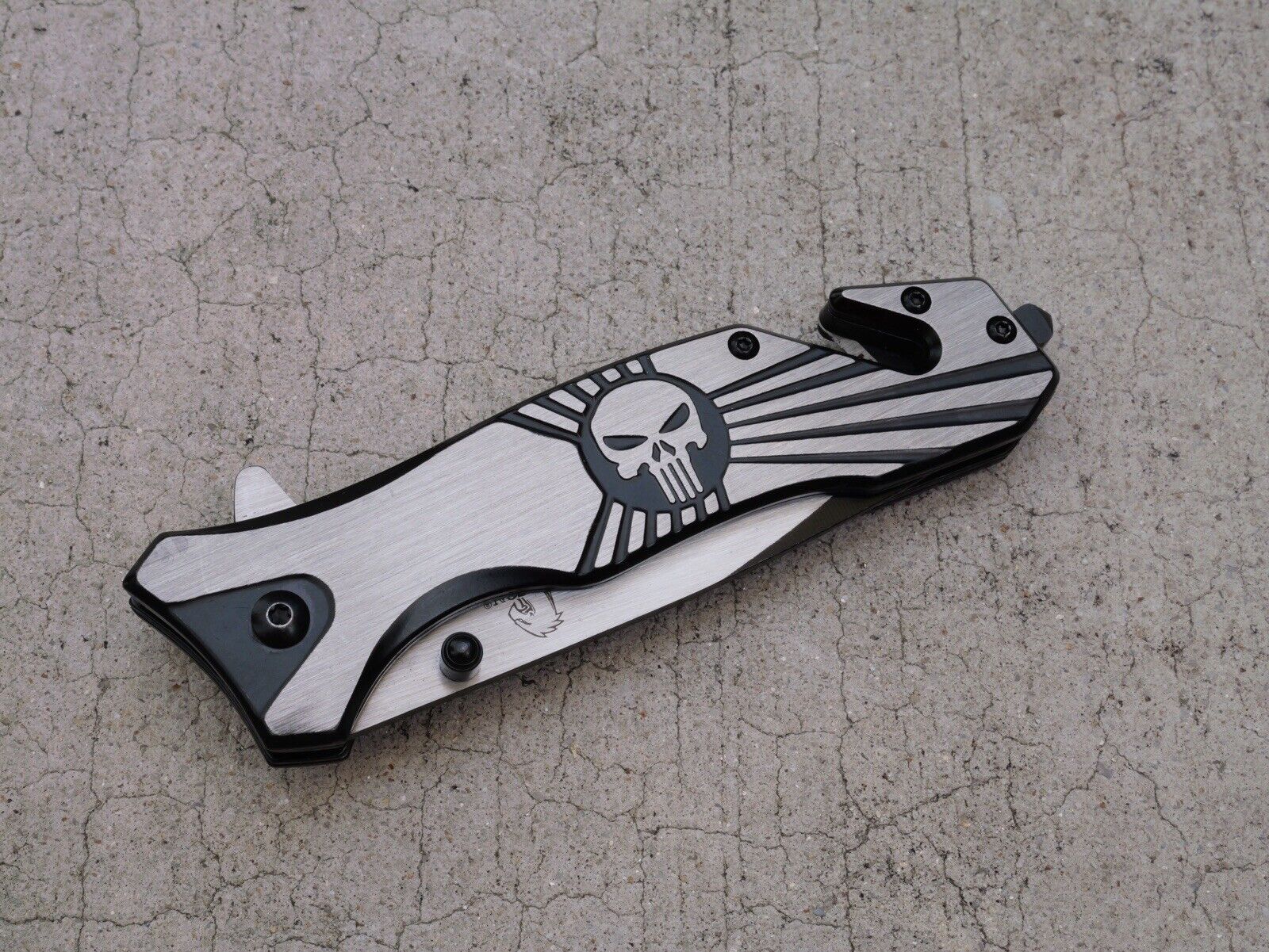 Skull Punisher Pocket Knife All Metal Full Size Window Punch Spring Assist Black