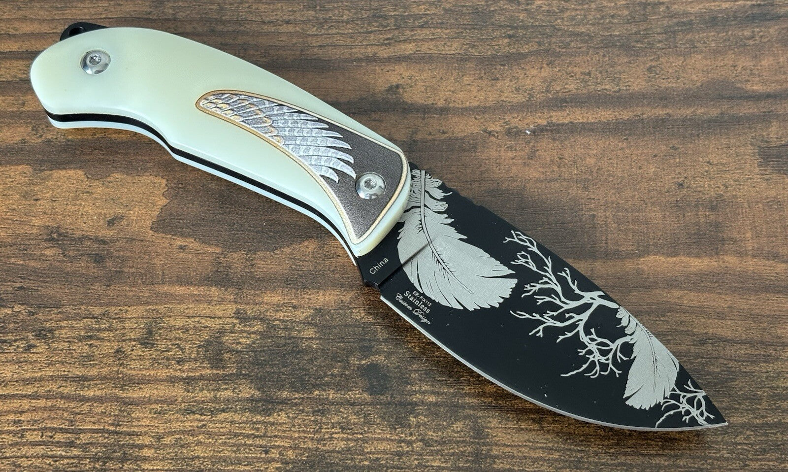 7” Fixed Blade Knife Elk Ridge Full Tang Eagle Laser Engraved Leather Sheath