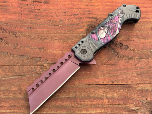 Grim Reaper Pocket Knife Purple Spring Assist Full Size Unique Design Skeleton
