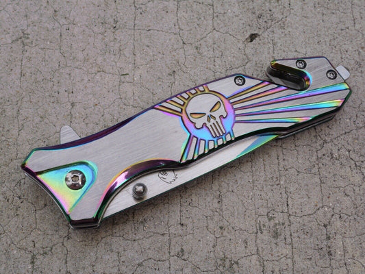 Skull Punisher Pocket Knife All Metal Full Size Window Punch Assisted Titanium