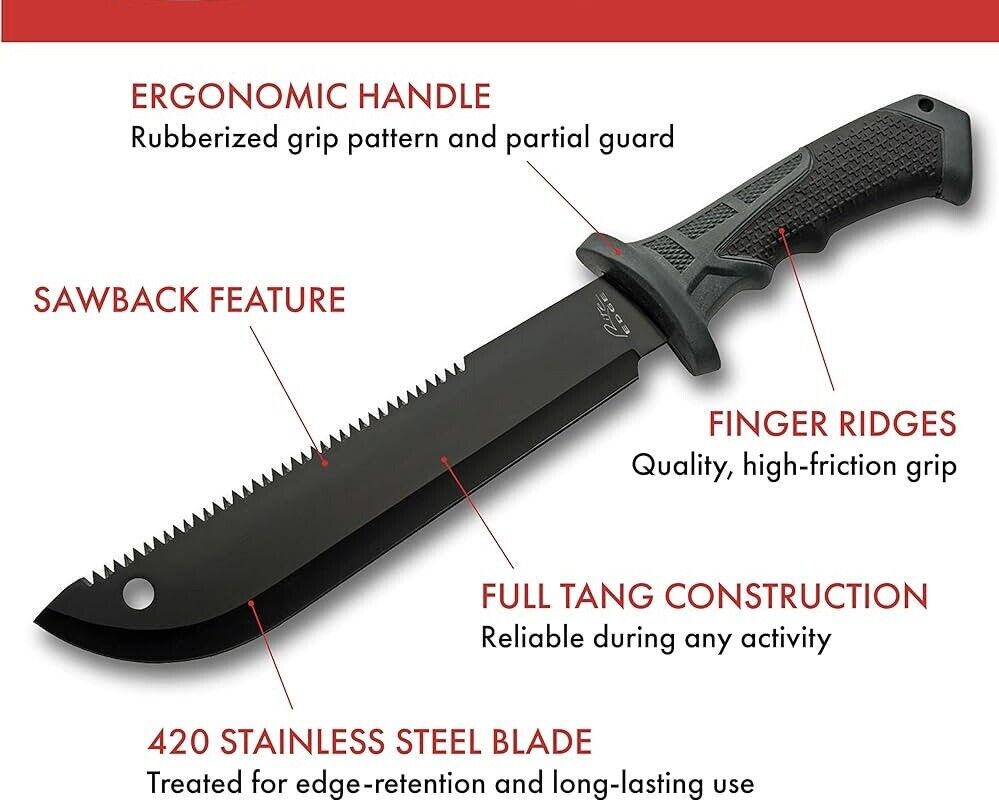 Mini Machete 16” Sawback Rubber Handle Extreme Tactical Black Sheath Full Tang