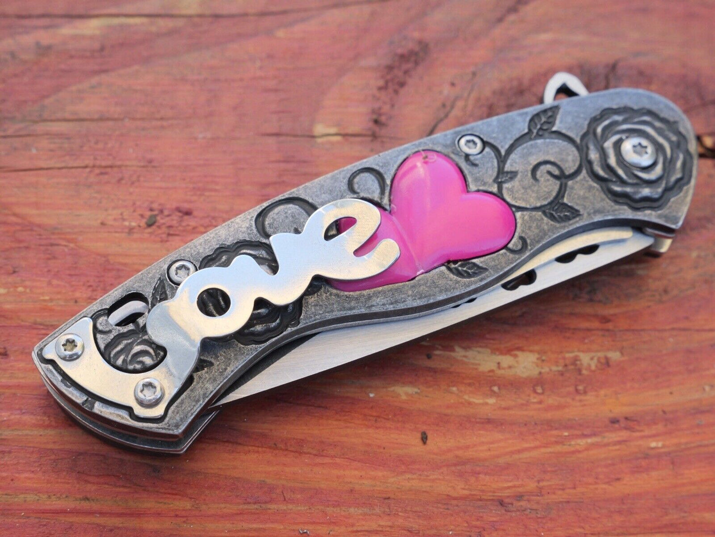 Love Pocket Knife Hearts 💕 Gothic Knife Small Folding Goth Dark Sharp Pink 4”