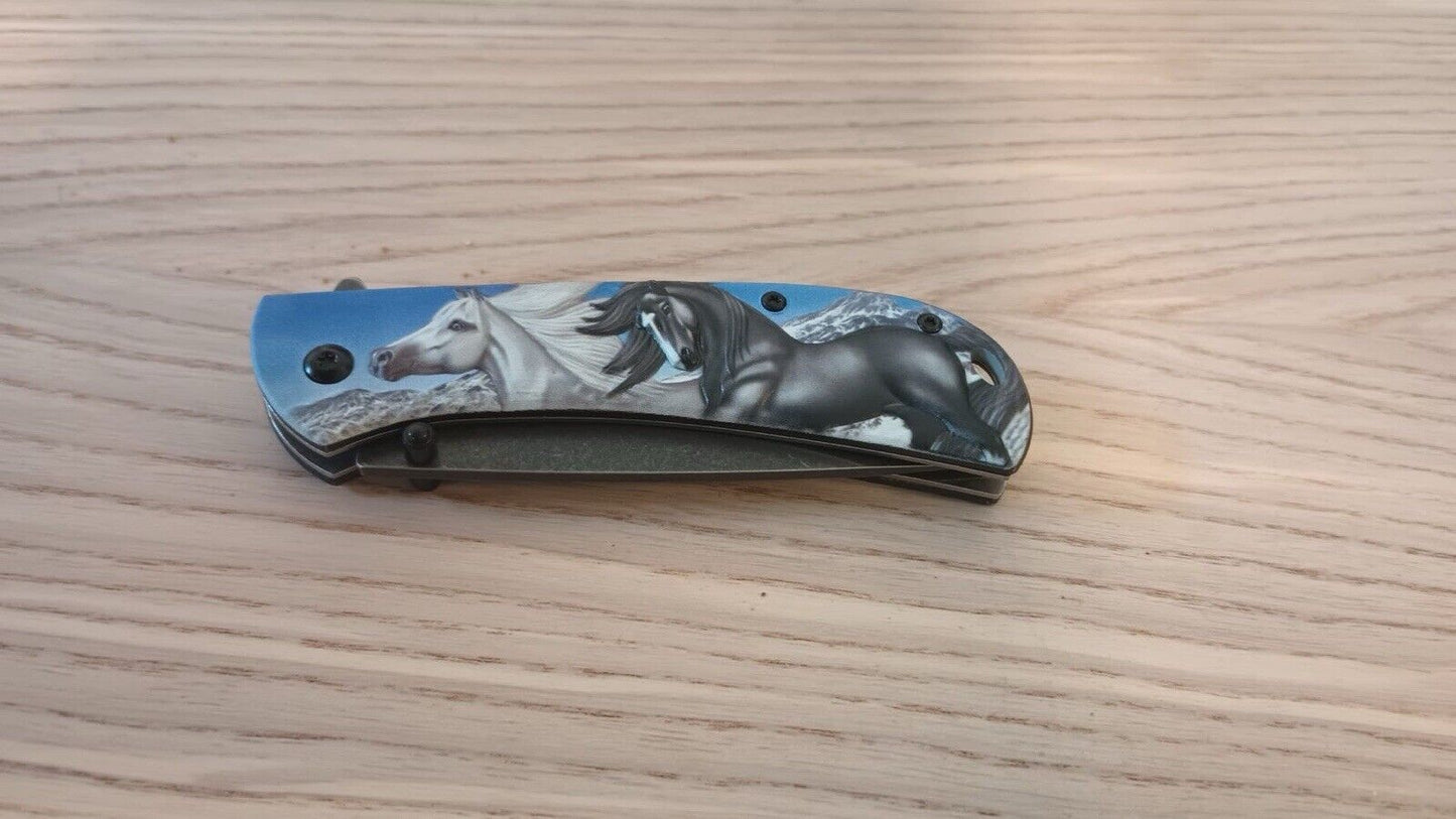 Horse Pocket Knife Full Size Equestrian Blue Sky Blade Collectible Pony Mare