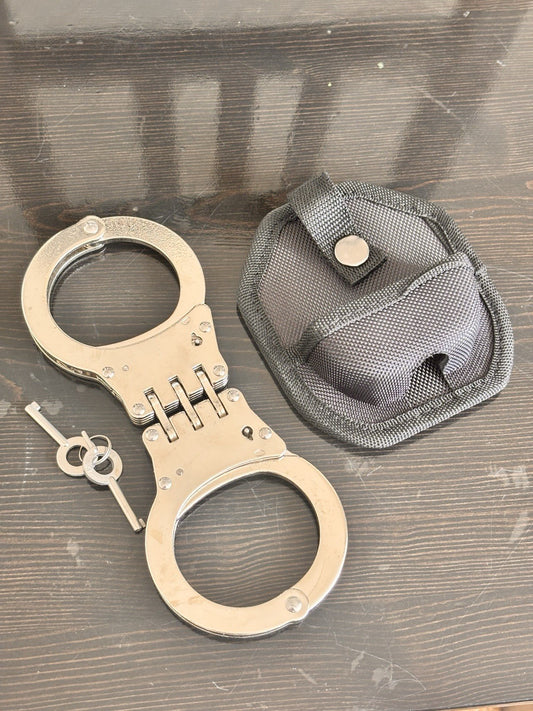 Chrome Hand Cuffs Stealth Police Heavy Duty Hinge Handcuffs Nylon Sheath